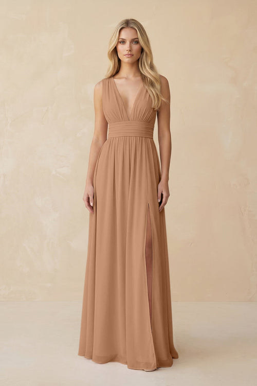 V - Neck A - Line Chiffon Ruched Bridesmaid Dress in Bronzer - KissProm Bridesmaid Dresses