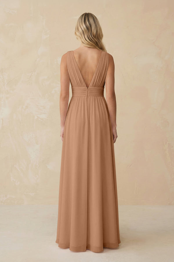 V - Neck A - Line Chiffon Ruched Bridesmaid Dress in Bronzer - KissProm Bridesmaid Dresses