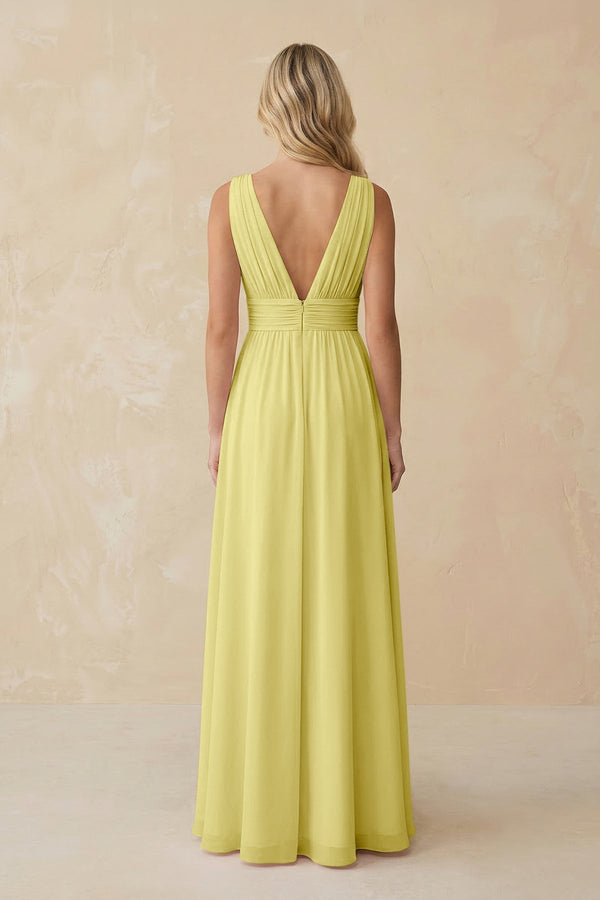 V - Neck A - Line Chiffon Ruched Bridesmaid Dress in Buttercup - KissProm Bridesmaid Dresses