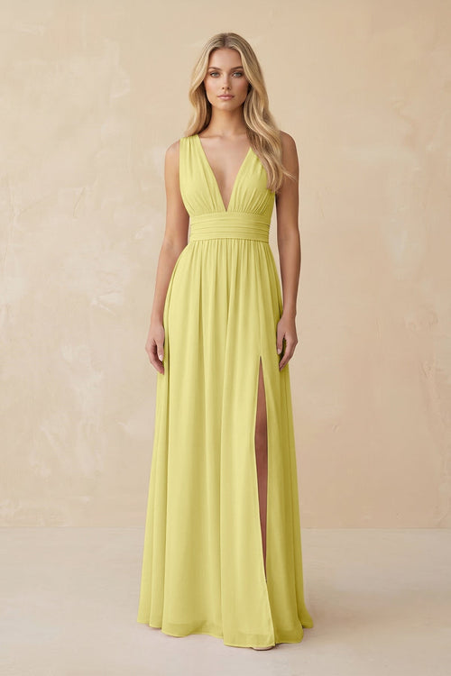 V - Neck A - Line Chiffon Ruched Bridesmaid Dress in Buttercup - KissProm Bridesmaid Dresses