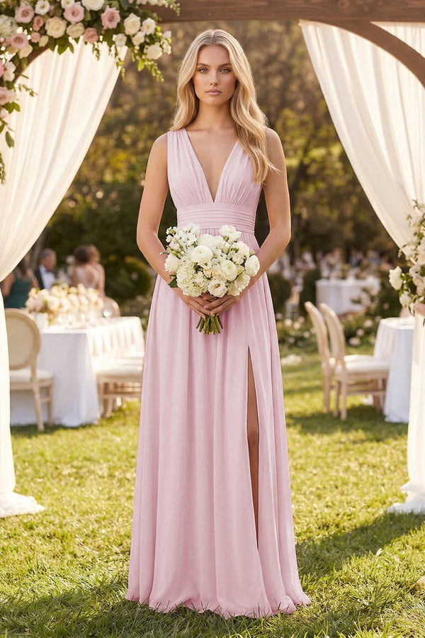 V - Neck A - Line Chiffon Ruched Bridesmaid Dress in Candy Pink - KissProm Bridesmaid Dresses