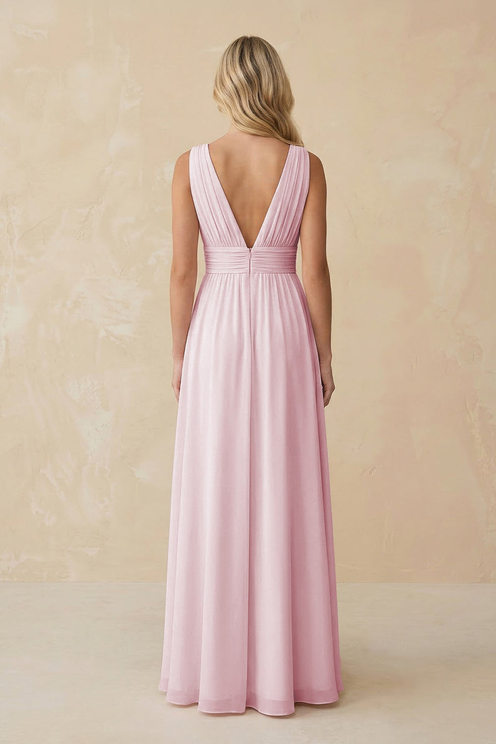 V - Neck A - Line Chiffon Ruched Bridesmaid Dress in Candy Pink - KissProm Bridesmaid Dresses