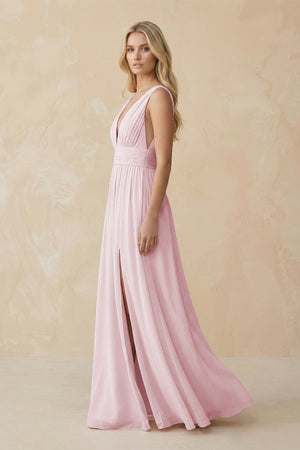 V - Neck A - Line Chiffon Ruched Bridesmaid Dress in Candy Pink - KissProm Bridesmaid Dresses