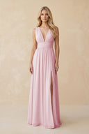 V - Neck A - Line Chiffon Ruched Bridesmaid Dress in Candy Pink - KissProm Bridesmaid Dresses
