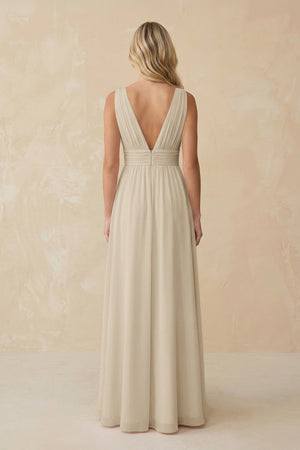 V - Neck A - Line Chiffon Ruched Bridesmaid Dress in Champagne - KissProm Bridesmaid Dresses