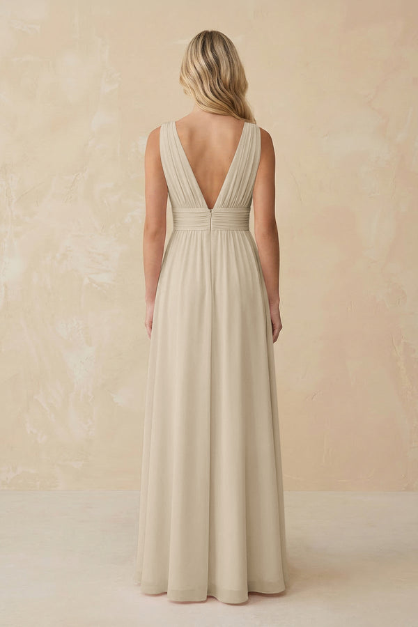 V - Neck A - Line Chiffon Ruched Bridesmaid Dress in Champagne - KissProm Bridesmaid Dresses