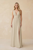 V - Neck A - Line Chiffon Ruched Bridesmaid Dress in Champagne - KissProm Bridesmaid Dresses