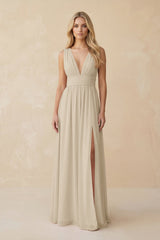 V - Neck A - Line Chiffon Ruched Bridesmaid Dress in Champagne - KissProm Bridesmaid Dresses