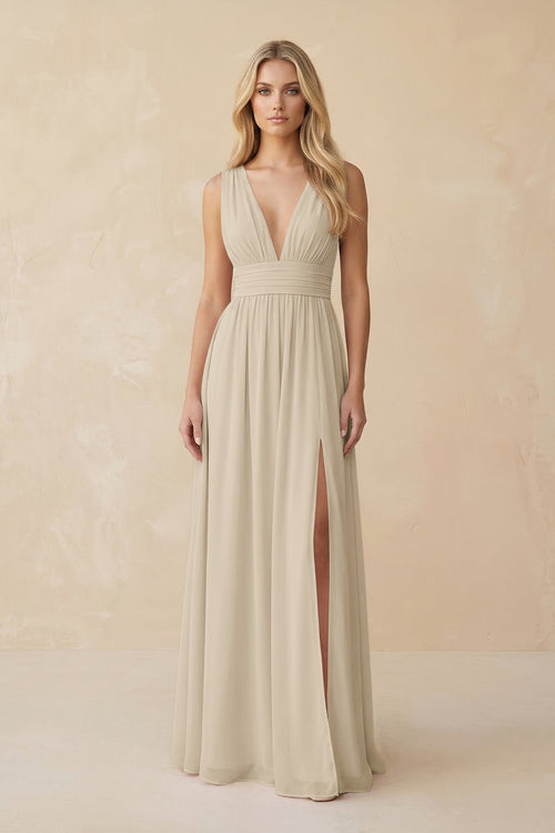 V - Neck A - Line Chiffon Ruched Bridesmaid Dress in Champagne - KissProm Bridesmaid Dresses