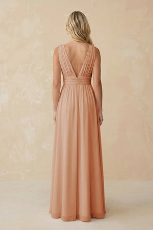 V - Neck A - Line Chiffon Ruched Bridesmaid Dress in Champagne Rose - KissProm Bridesmaid Dresses