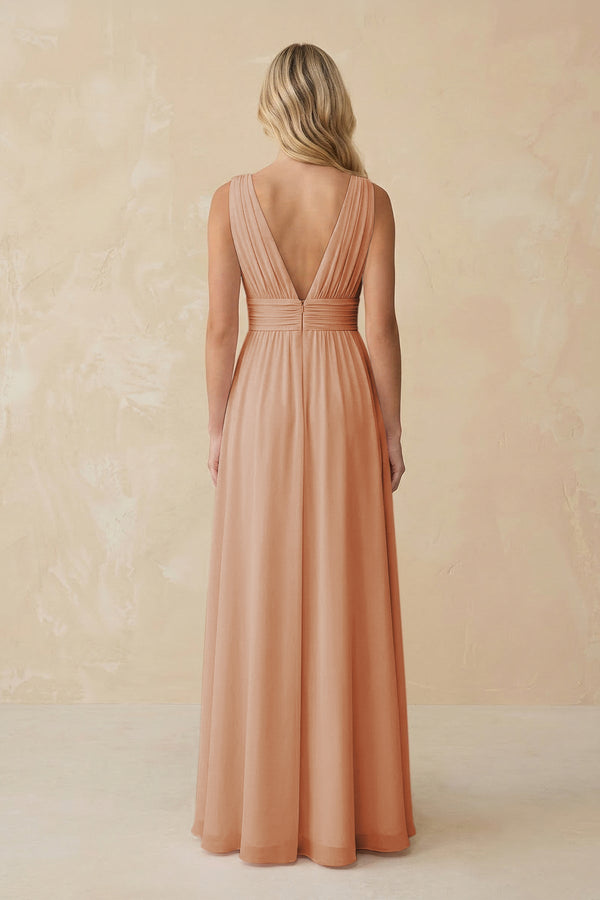 V - Neck A - Line Chiffon Ruched Bridesmaid Dress in Champagne Rose - KissProm Bridesmaid Dresses