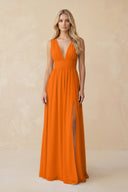 V - Neck A - Line Chiffon Ruched Bridesmaid Dress in Cinnamon - KissProm Bridesmaid Dresses