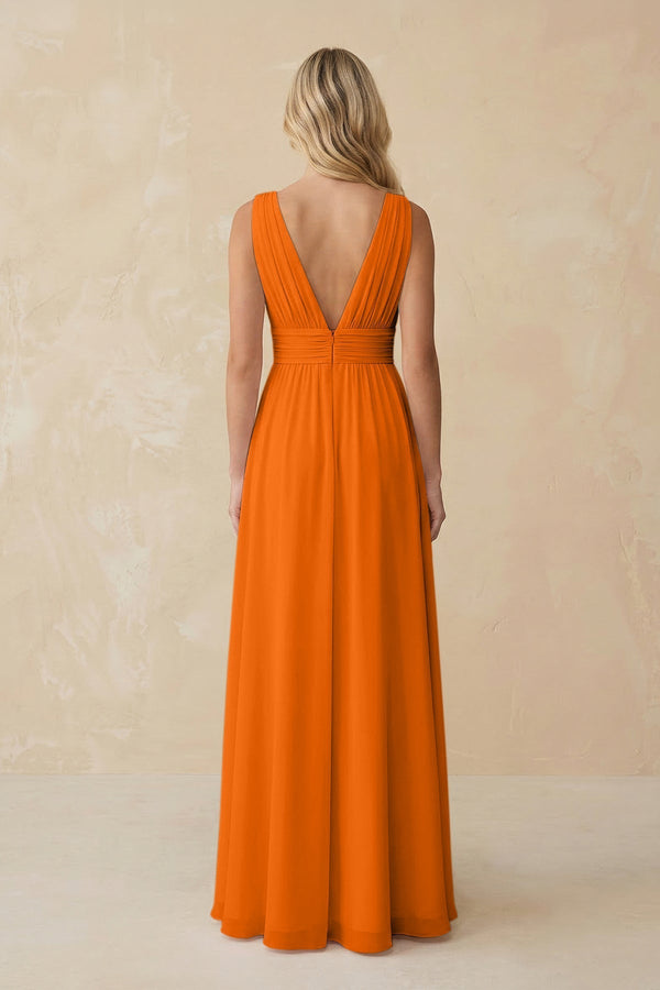 V - Neck A - Line Chiffon Ruched Bridesmaid Dress in Cinnamon - KissProm Bridesmaid Dresses