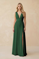 V - Neck A - Line Chiffon Ruched Bridesmaid Dress in Dark Green - KissProm Bridesmaid Dresses