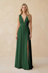 V - Neck A - Line Chiffon Ruched Bridesmaid Dress in Dark Green - KissProm Bridesmaid Dresses