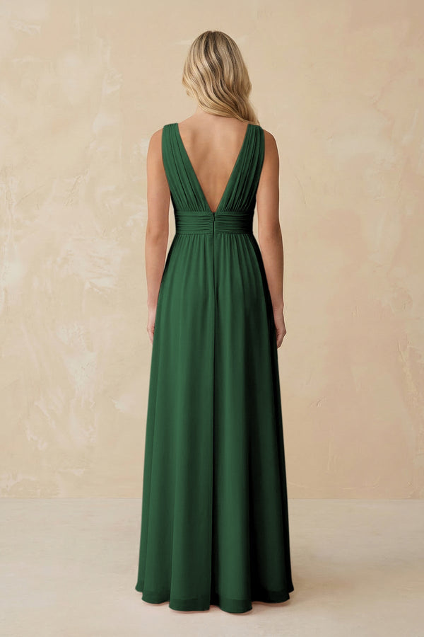 V - Neck A - Line Chiffon Ruched Bridesmaid Dress in Dark Green - KissProm Bridesmaid Dresses
