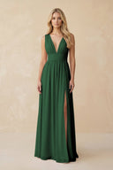 V - Neck A - Line Chiffon Ruched Bridesmaid Dress in Dark Green - KissProm Bridesmaid Dresses