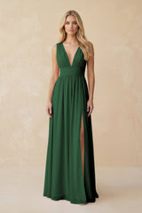 V - Neck A - Line Chiffon Ruched Bridesmaid Dress in Dark Green - KissProm Bridesmaid Dresses