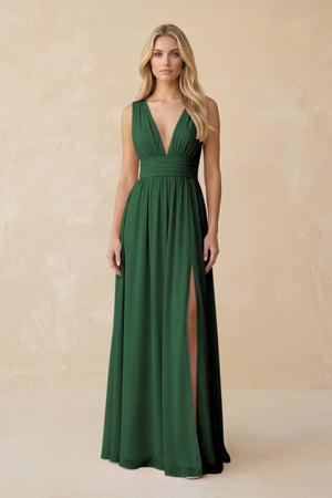 V - Neck A - Line Chiffon Ruched Bridesmaid Dress in Dark Green - KissProm Bridesmaid Dresses