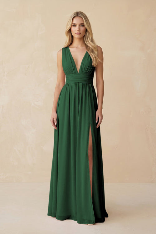 V - Neck A - Line Chiffon Ruched Bridesmaid Dress in Dark Green - KissProm Bridesmaid Dresses