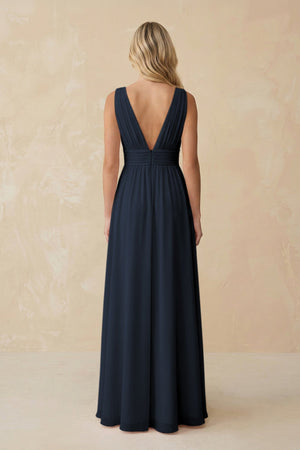 V - Neck A - Line Chiffon Ruched Bridesmaid Dress in Dark Navy - KissProm Bridesmaid Dresses