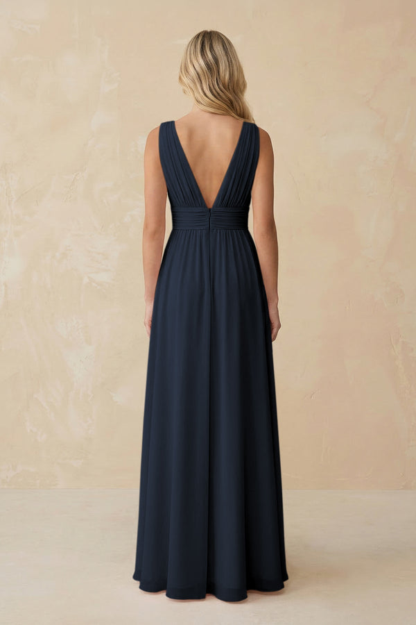 V - Neck A - Line Chiffon Ruched Bridesmaid Dress in Dark Navy - KissProm Bridesmaid Dresses