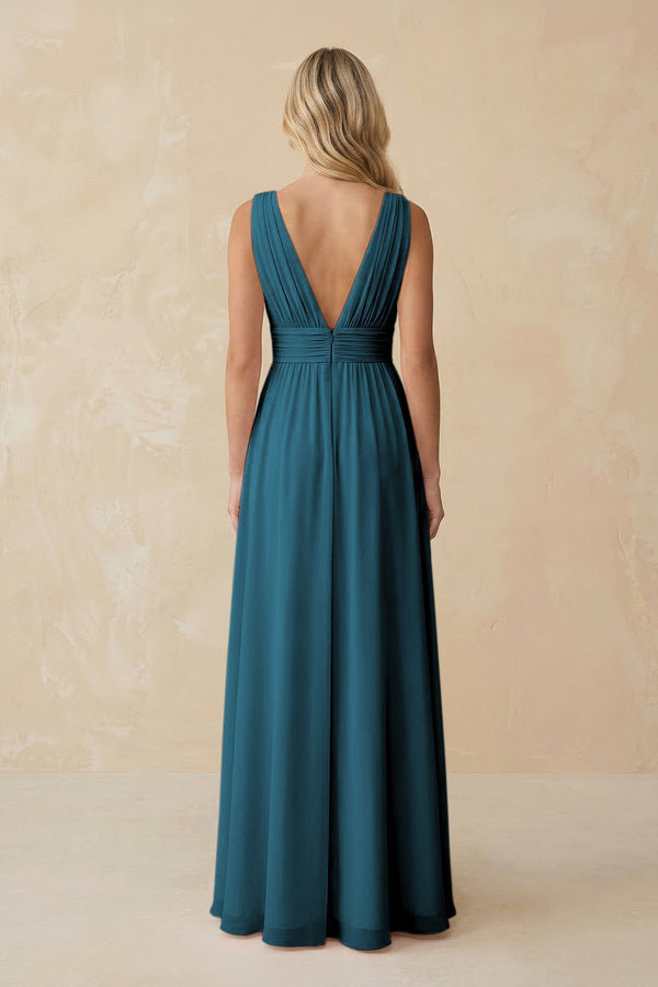 V - Neck A - Line Chiffon Ruched Bridesmaid Dress in Dark Teal - KissProm Bridesmaid Dresses