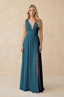 V - Neck A - Line Chiffon Ruched Bridesmaid Dress in Dark Teal - KissProm Bridesmaid Dresses