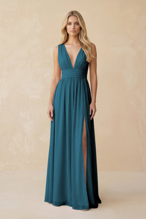 V - Neck A - Line Chiffon Ruched Bridesmaid Dress in Dark Teal - KissProm Bridesmaid Dresses