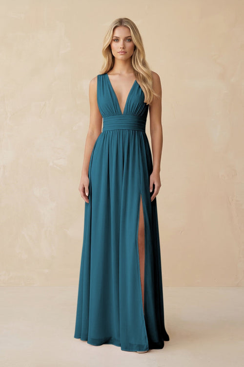 V - Neck A - Line Chiffon Ruched Bridesmaid Dress in Dark Teal - KissProm Bridesmaid Dresses