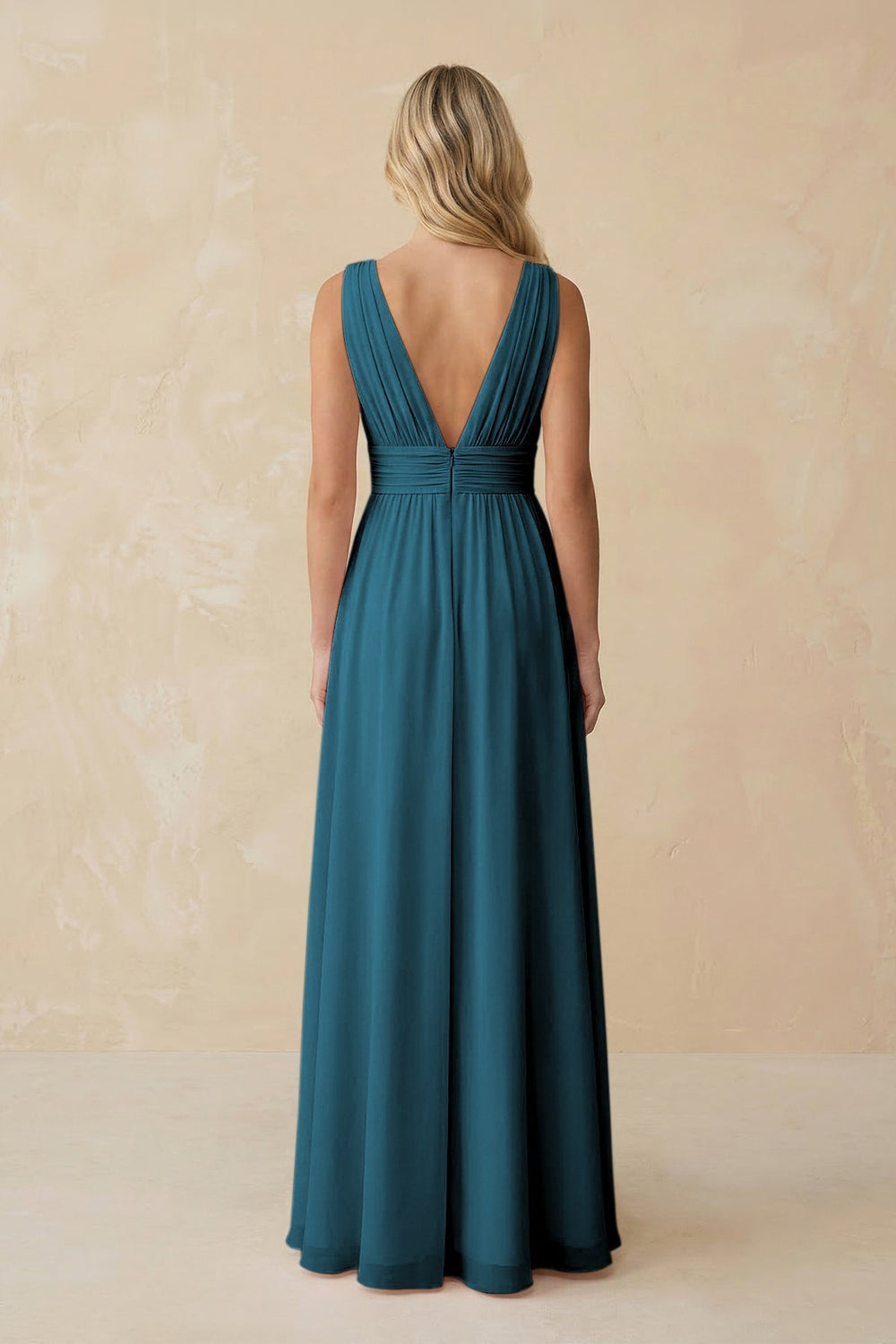 V - Neck A - Line Chiffon Ruched Bridesmaid Dress in Dark Teal - KissProm Bridesmaid Dresses