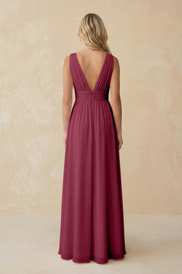 V - Neck A - Line Chiffon Ruched Bridesmaid Dress in Desert Rose - KissProm Bridesmaid Dresses