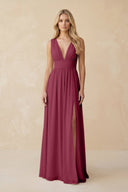 V - Neck A - Line Chiffon Ruched Bridesmaid Dress in Desert Rose - KissProm Bridesmaid Dresses