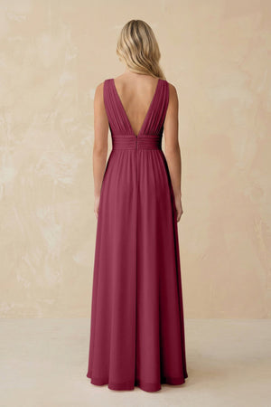 V - Neck A - Line Chiffon Ruched Bridesmaid Dress in Desert Rose - KissProm Bridesmaid Dresses