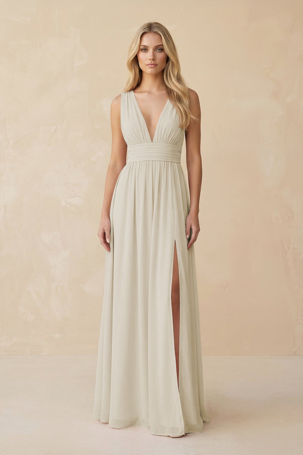 V - Neck A - Line Chiffon Ruched Bridesmaid Dress in Dove Gray - KissProm Bridesmaid Dresses