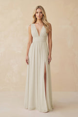 V - Neck A - Line Chiffon Ruched Bridesmaid Dress in Dove Gray - KissProm Bridesmaid Dresses