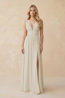 V - Neck A - Line Chiffon Ruched Bridesmaid Dress in Dove Gray - KissProm Bridesmaid Dresses