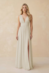 V - Neck A - Line Chiffon Ruched Bridesmaid Dress in Dove Gray - KissProm Bridesmaid Dresses