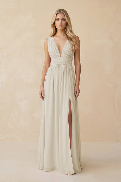 V - Neck A - Line Chiffon Ruched Bridesmaid Dress in Dove Gray - KissProm Bridesmaid Dresses