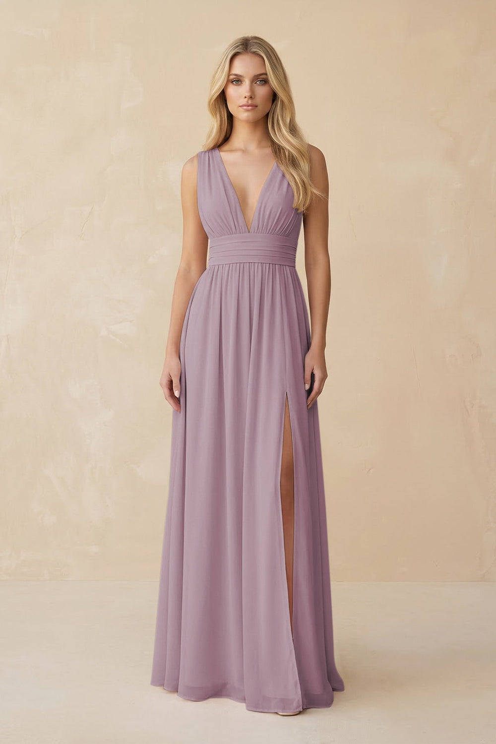 V - Neck A - Line Chiffon Ruched Bridesmaid Dress in Dusk - KissProm Bridesmaid Dresses