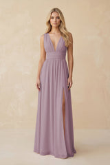 V - Neck A - Line Chiffon Ruched Bridesmaid Dress in Dusk - KissProm Bridesmaid Dresses