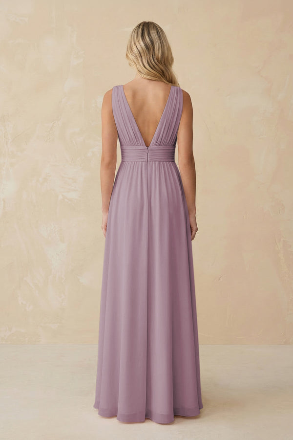 V - Neck A - Line Chiffon Ruched Bridesmaid Dress in Dusk - KissProm Bridesmaid Dresses
