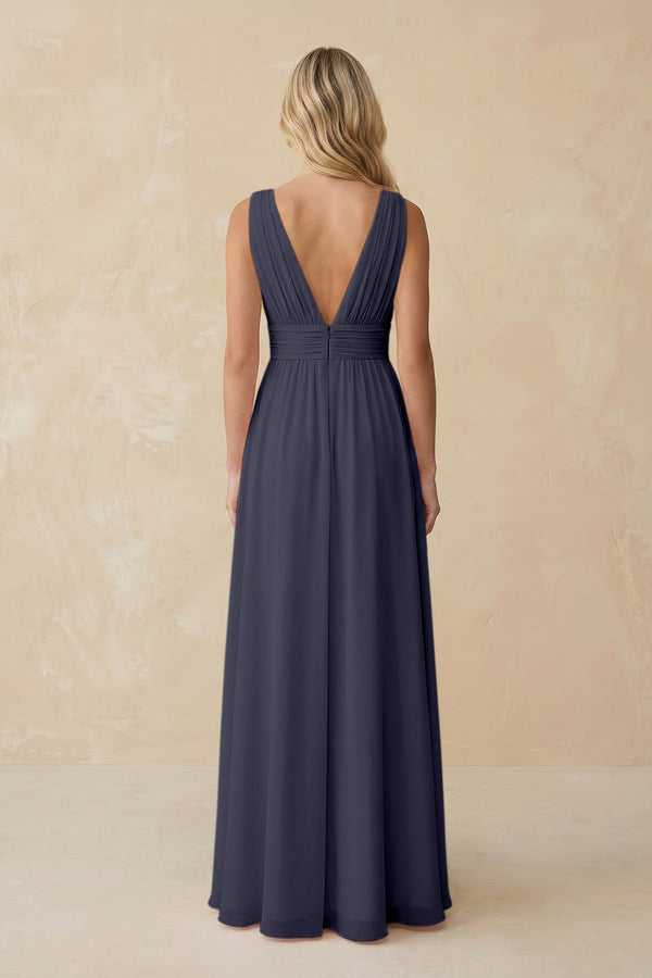 V - Neck A - Line Chiffon Ruched Bridesmaid Dress in Dusk Blue - KissProm Bridesmaid Dresses