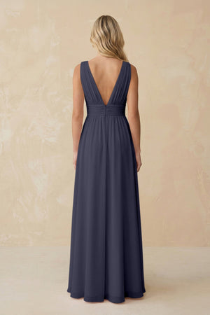 V - Neck A - Line Chiffon Ruched Bridesmaid Dress in Dusk Blue - KissProm Bridesmaid Dresses