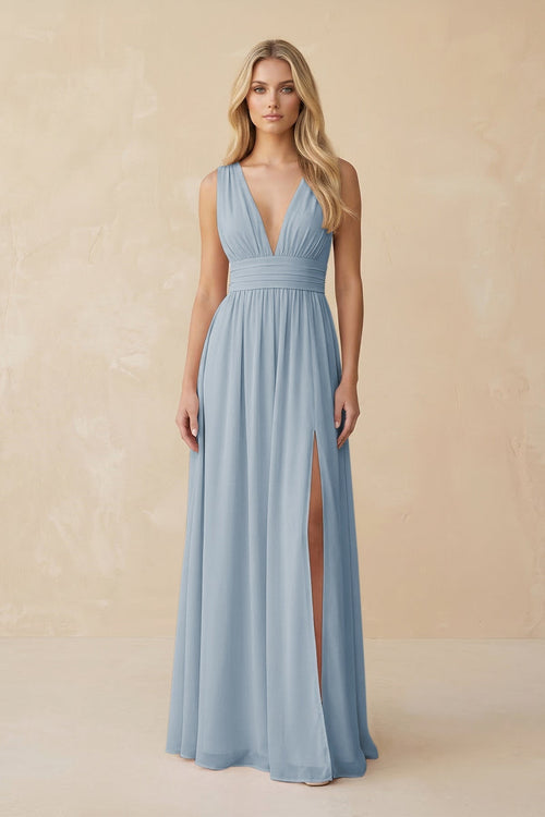 V - Neck A - Line Chiffon Ruched Bridesmaid Dress in Dusty Blue - KissProm Bridesmaid Dresses