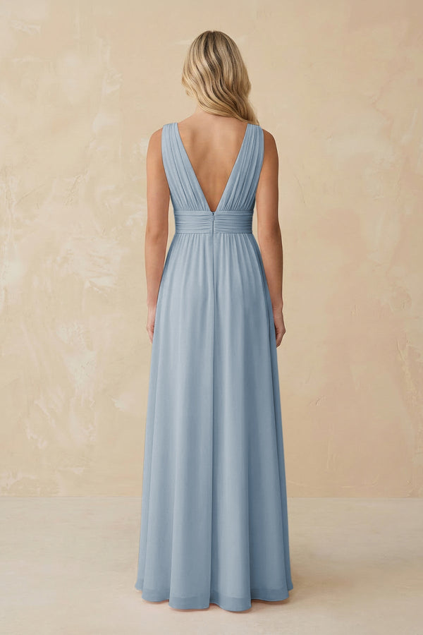 V - Neck A - Line Chiffon Ruched Bridesmaid Dress in Dusty Blue - KissProm Bridesmaid Dresses