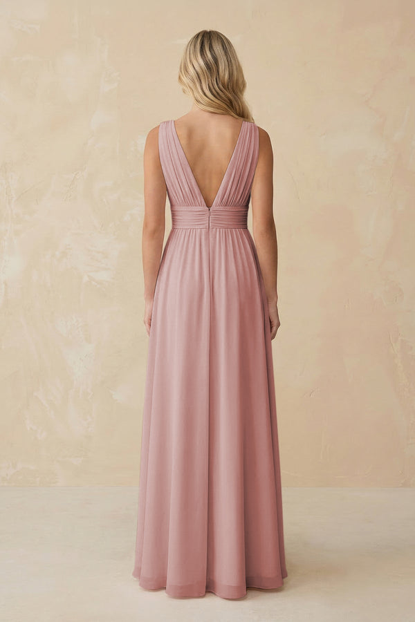 V - Neck A - Line Chiffon Ruched Bridesmaid Dress in Dusty Rose - KissProm Bridesmaid Dresses