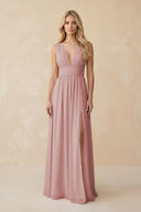 V - Neck A - Line Chiffon Ruched Bridesmaid Dress in Dusty Rose - KissProm Bridesmaid Dresses