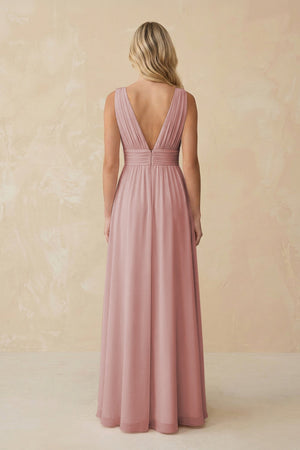 V - Neck A - Line Chiffon Ruched Bridesmaid Dress in Dusty Rose - KissProm Bridesmaid Dresses
