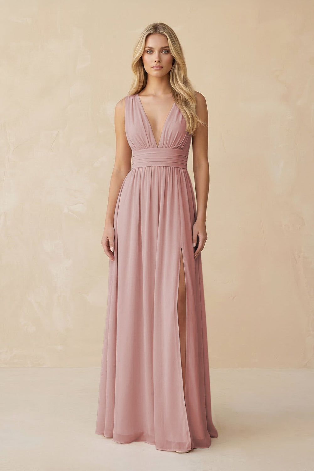 V - Neck A - Line Chiffon Ruched Bridesmaid Dress in Dusty Rose - KissProm Bridesmaid Dresses